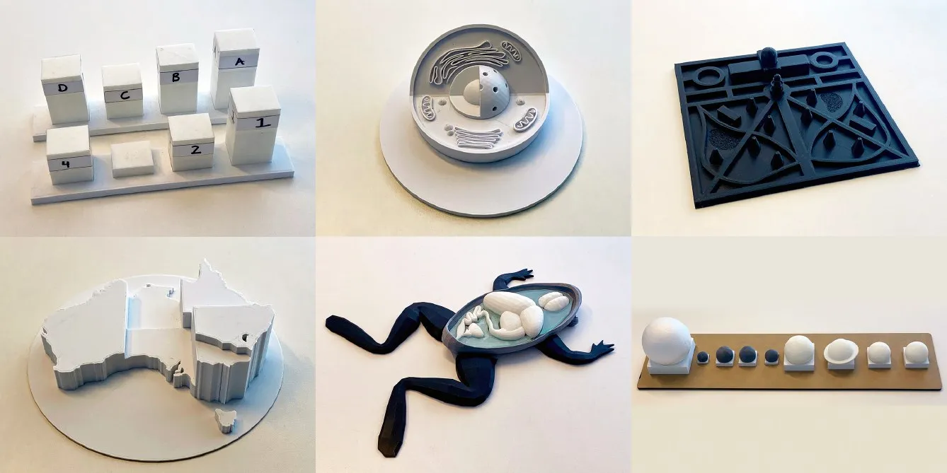 Six 3D printed models: two bar charts of average city temperatures with removable bars, an animal cell, a park map, a thematic map of Australia’s population, a dissected frog with removable organs, and a solar system with removable planets.
