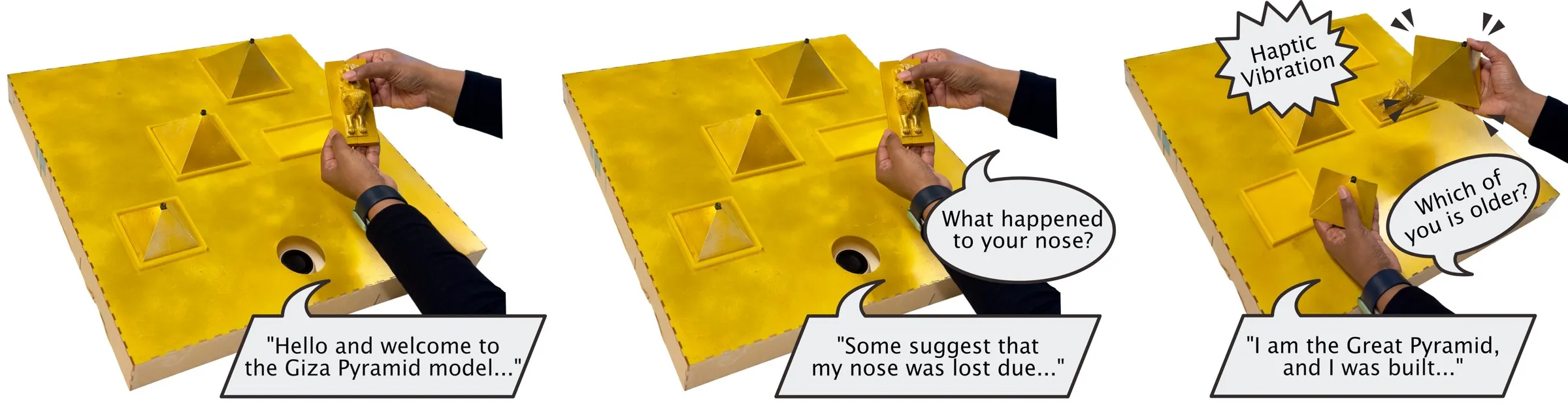 Three views of a gold 3D printed model of the Giza pyramids with a removable Sphinx. First, the model says "Hello and welcome to the Giza Pyramid model...". Second, a user holding the Sphinx asks "What happened to your nose?" and the model replies "Some suggest that my nose was lost due...". Third, a user lifts a pyramid, which vibrates, and asks "Which of you is older?", and the model replies "I am the Great Pyramid, and I was built...".